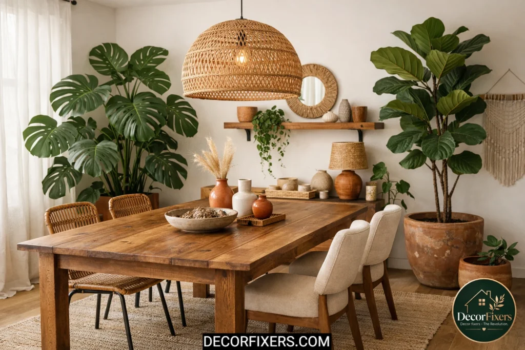 Boho dining room styled with large indoor plants and terracotta pots