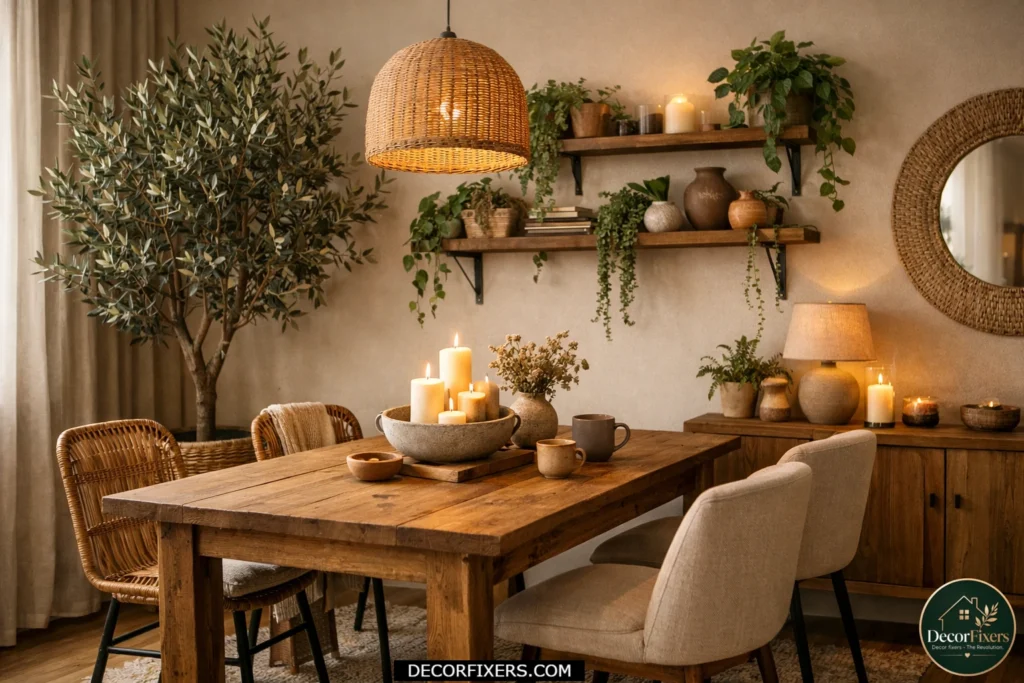 Small dining room decorated with indoor plants for warmth and texture.