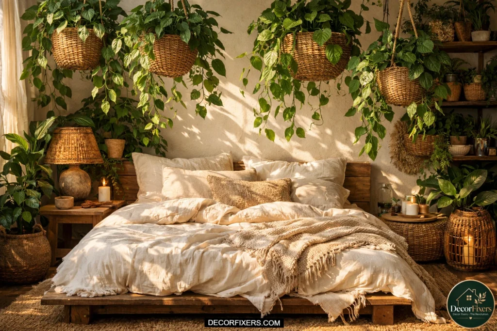 Boho bedroom filled with trailing pothos plants in woven seagrass baskets, earthy bedding, natural sunlight, and organic textures creating a cozy indoor jungle aesthetic.
