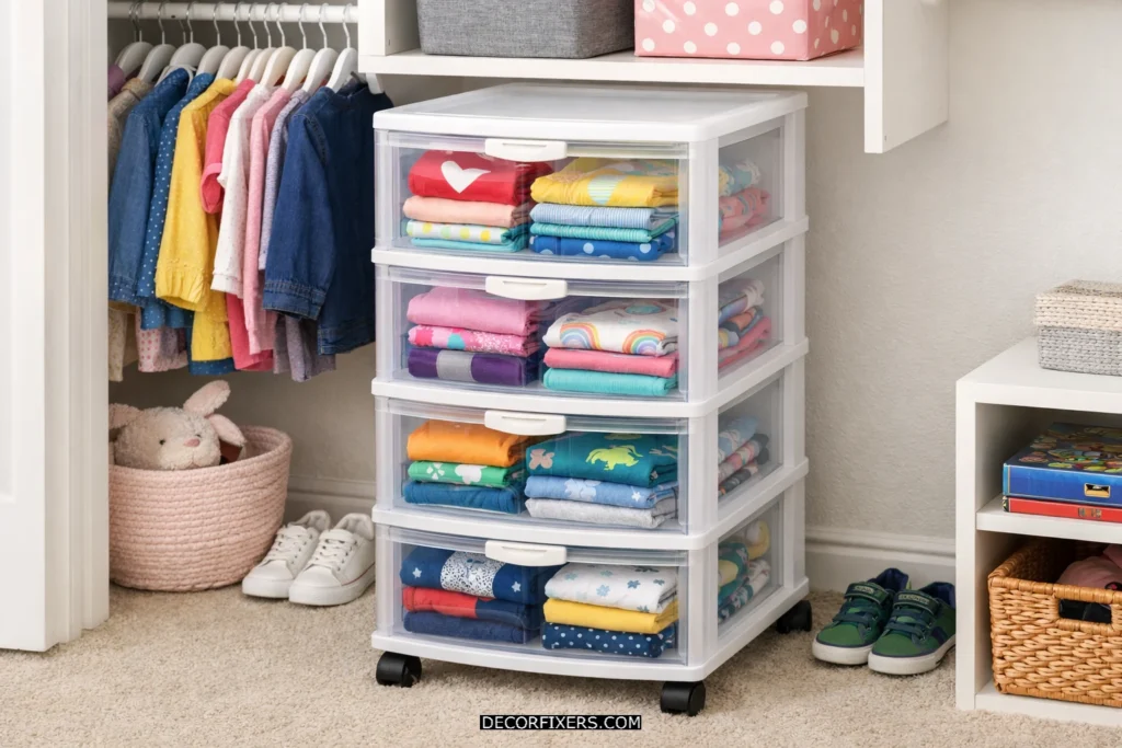 Stackable wooden closet drawers in a luxury walk-in closet.