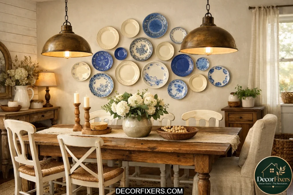 Decorative ceramic plate wall arranged in an organic cluster in a farmhouse dining room