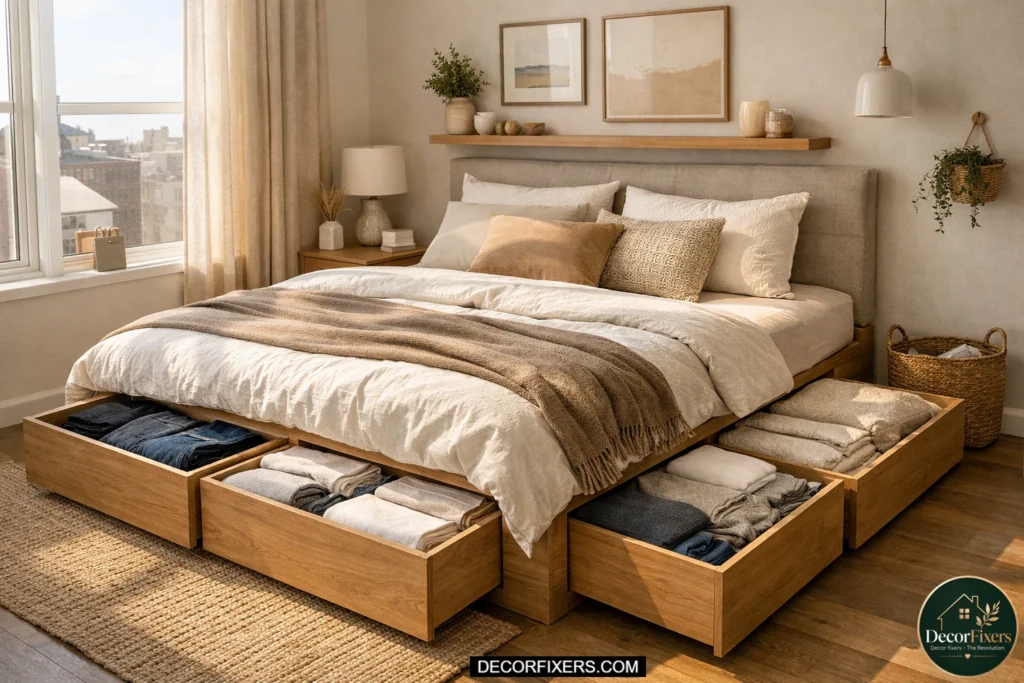 Platform bed with large built-in storage drawers pulled open showing neatly folded clothes and linens in a small Scandinavian-style apartment bedroom
