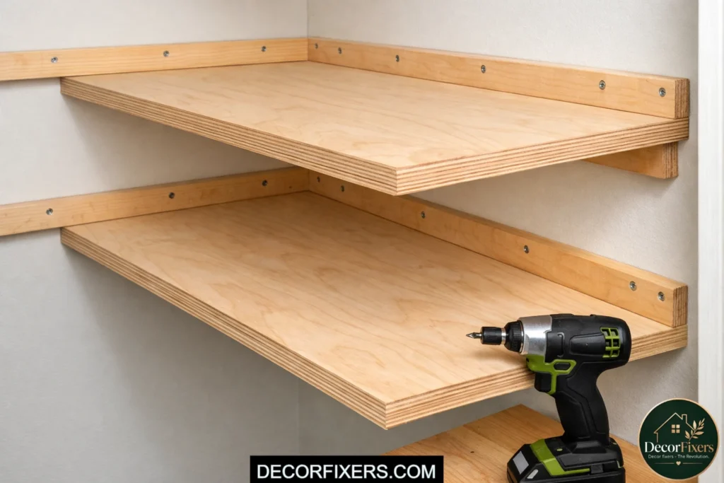 DIY plywood closet shelves installed using wall cleat support system