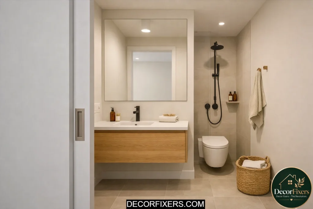 Small minimalist bathroom featuring a modern pocket door to save floor space