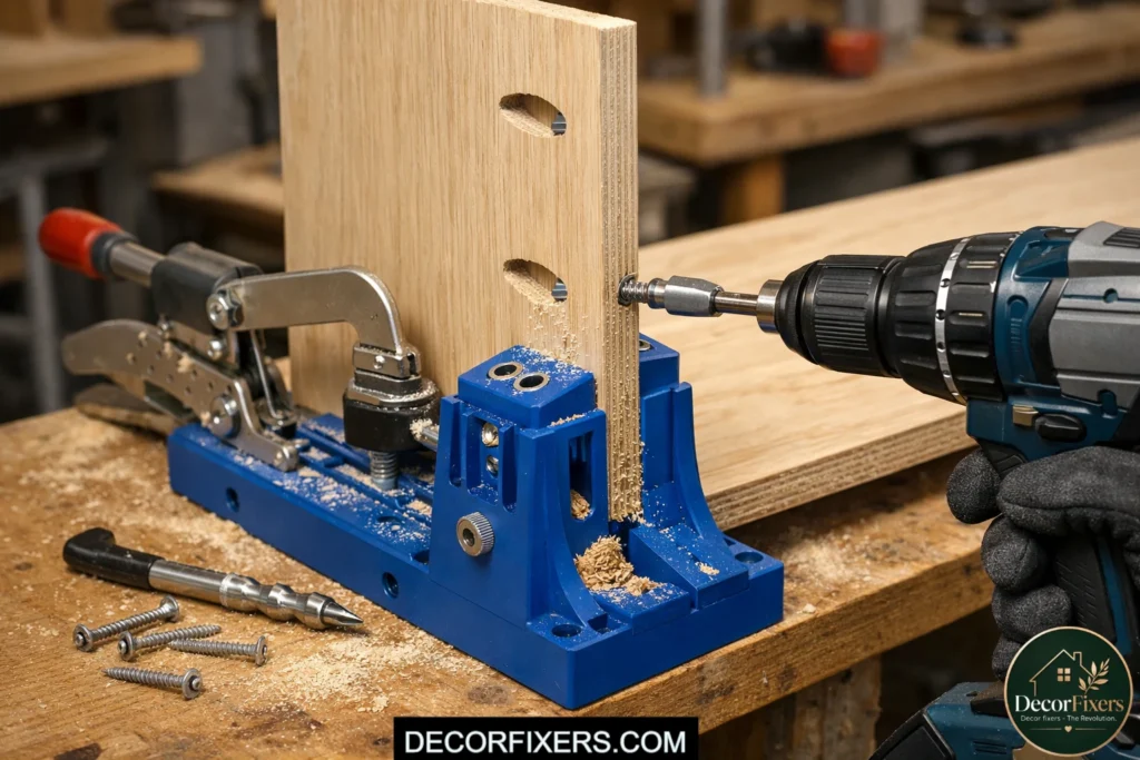 Kreg Jig pocket-hole joinery used for DIY closet shelf construction