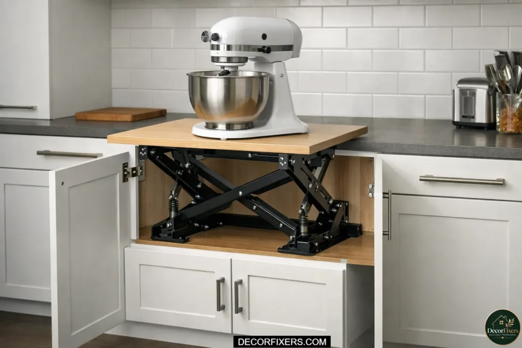A spring-loaded pop-up shelf inside a base kitchen cabinet lifting a KitchenAid stand mixer to counter height for use