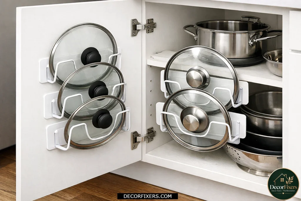 Cabinet door storage system holding pot lids vertically for easy access.
