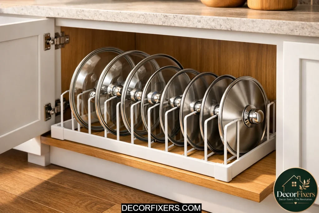 Vertical pot lid organizer rack keeping cookware lids neatly separated
