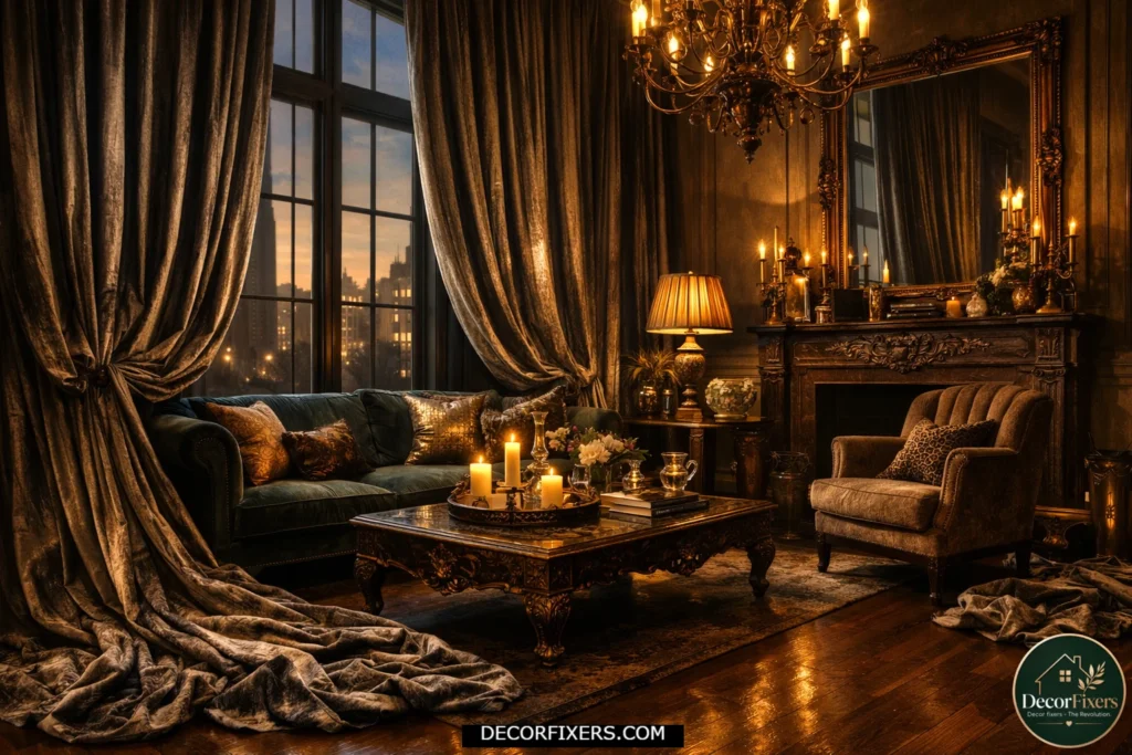 Velvet puddle curtains pooling elegantly on the floor in a luxury living room.
