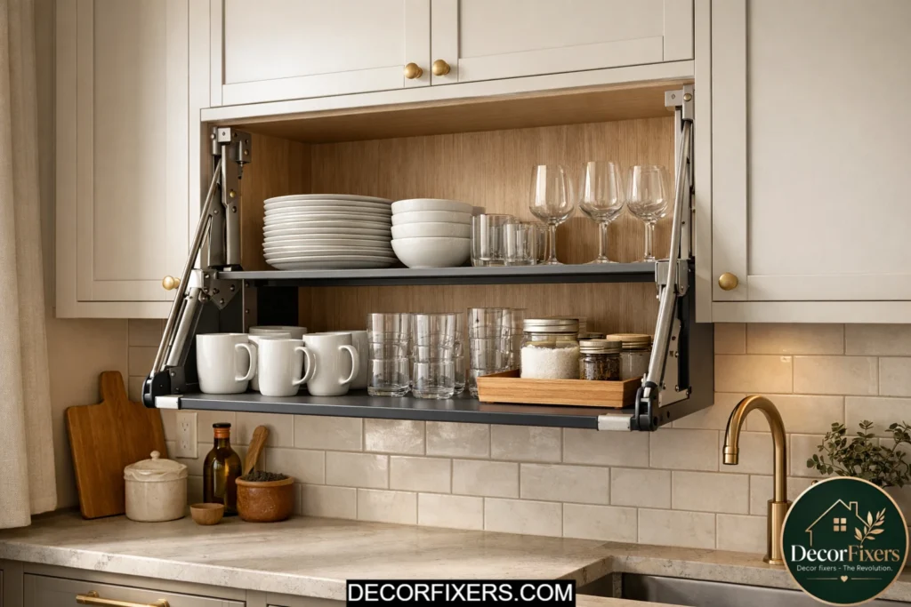 Pull-down upper cabinet shelf bringing dishes within easy reach