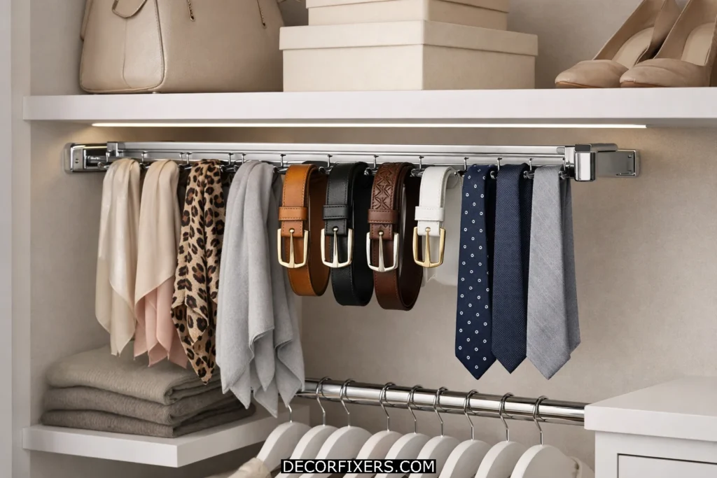 Pull-out accessory rail organizing scarves and belts inside a small closet.