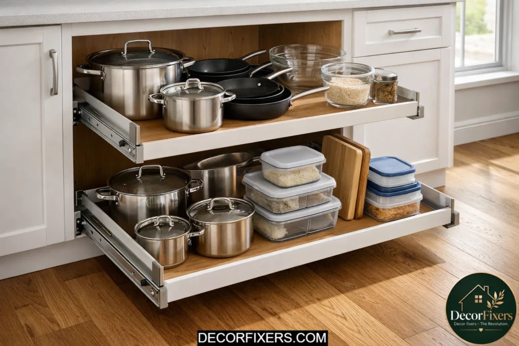 Pull-out sliding shelves improving access inside lower kitchen cabinets