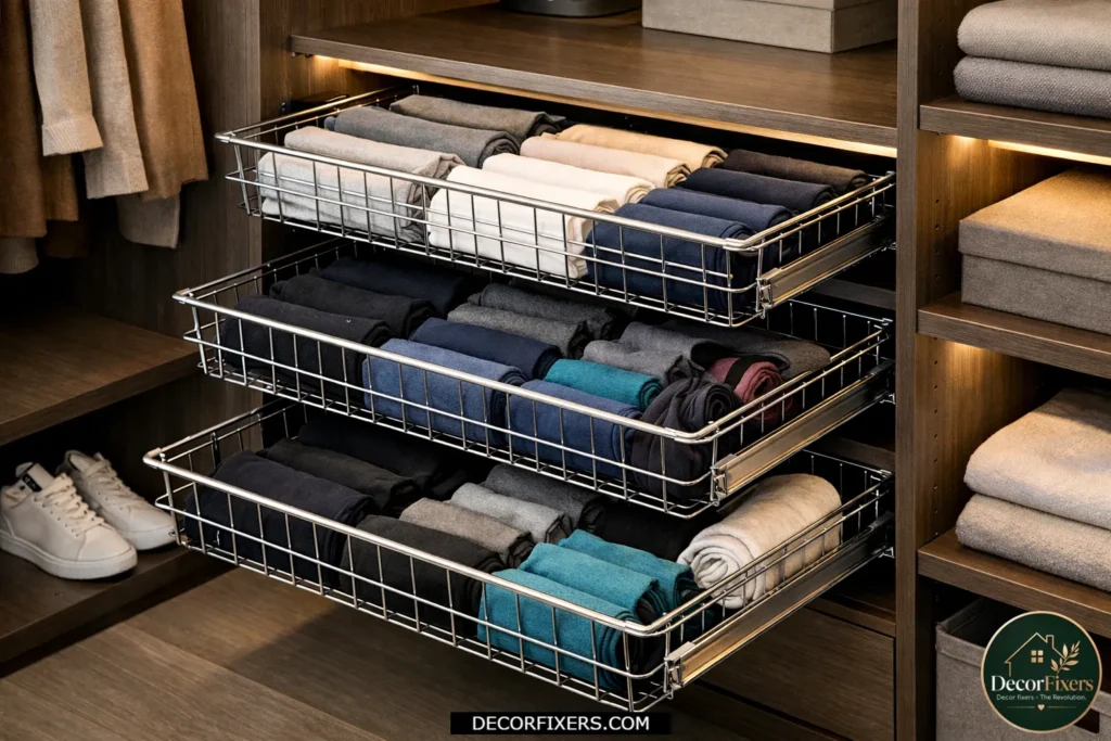 Pull-out drawers inside closet shelves, organizing folded clothes.