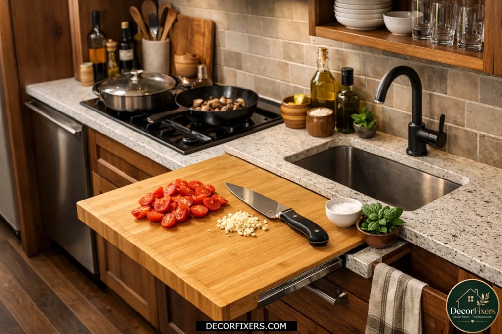Pull-out cutting board adding functional prep space in a small kitchen.