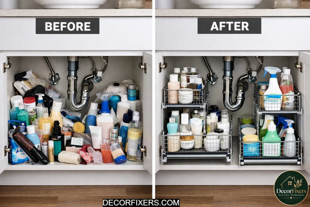 Pull-out drawer organizers inside deep bathroom cabinet under sink