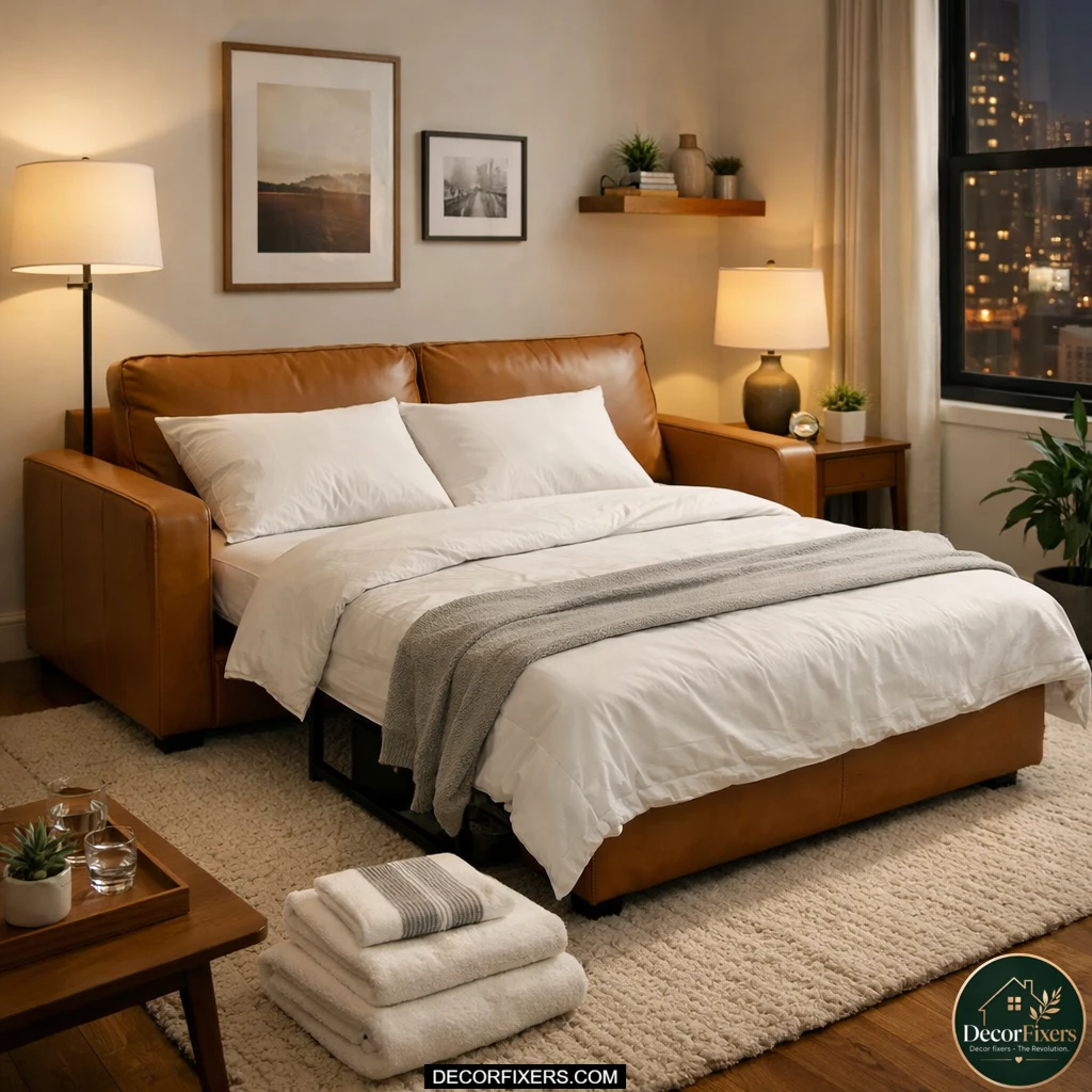Slim-arm caramel leather pull-out sleeper sofa in a compact modern apartment living room.