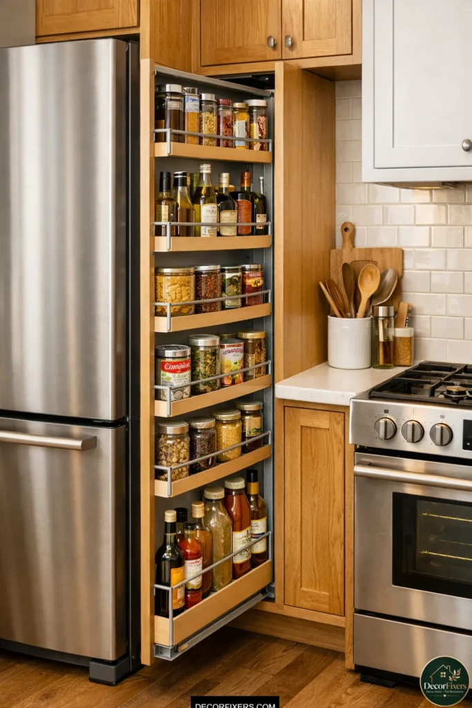 Narrow pull-out pantry cabinet beside fridge in a small kitchen