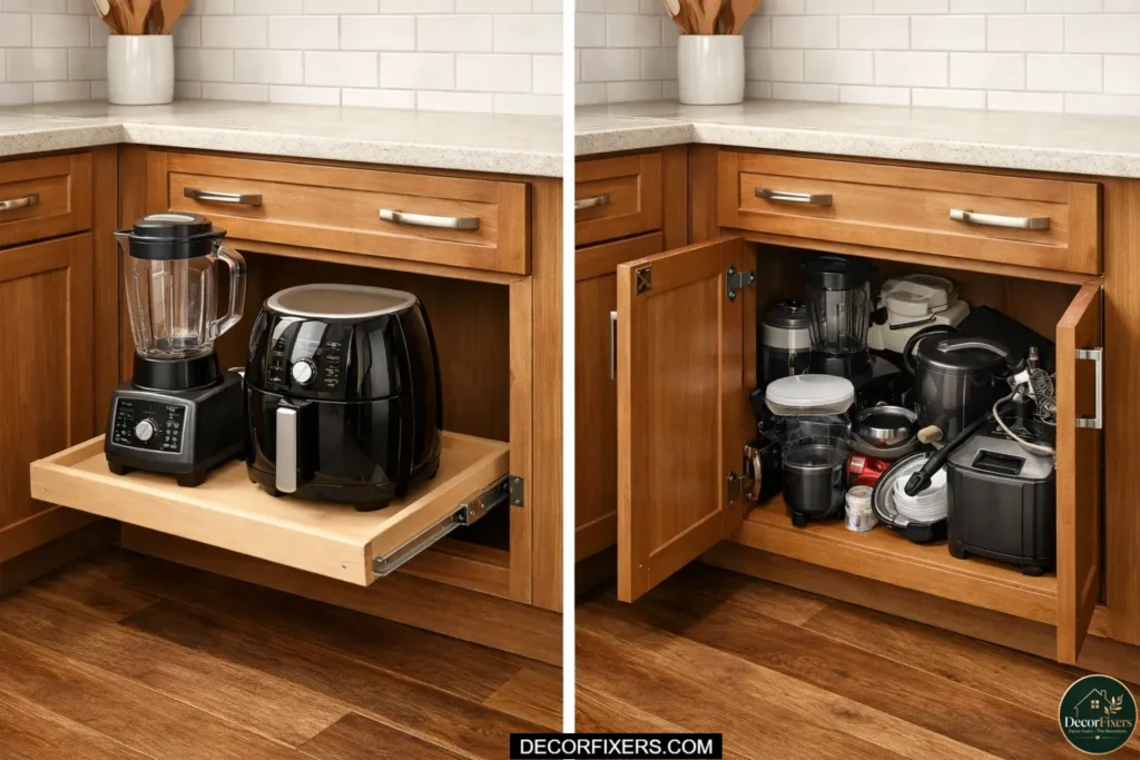A pull-out shelf organizer installed inside a lower kitchen cabinet, sliding out to reveal a blender and small appliances at counter height