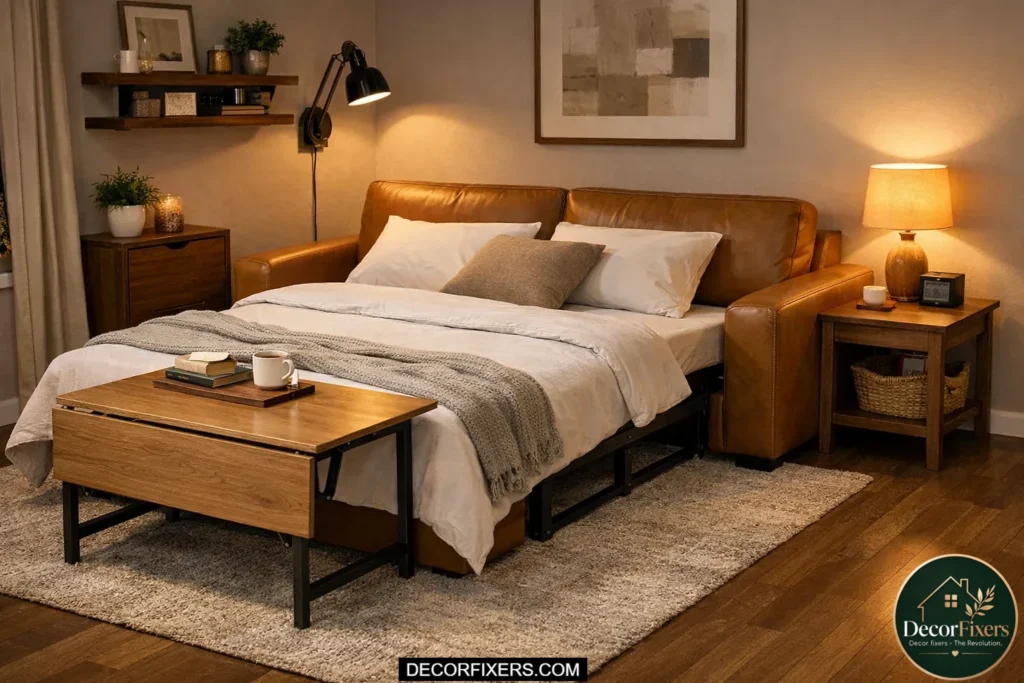 Compact pull-out leather sofa bed with drop-leaf coffee table in a small apartment.