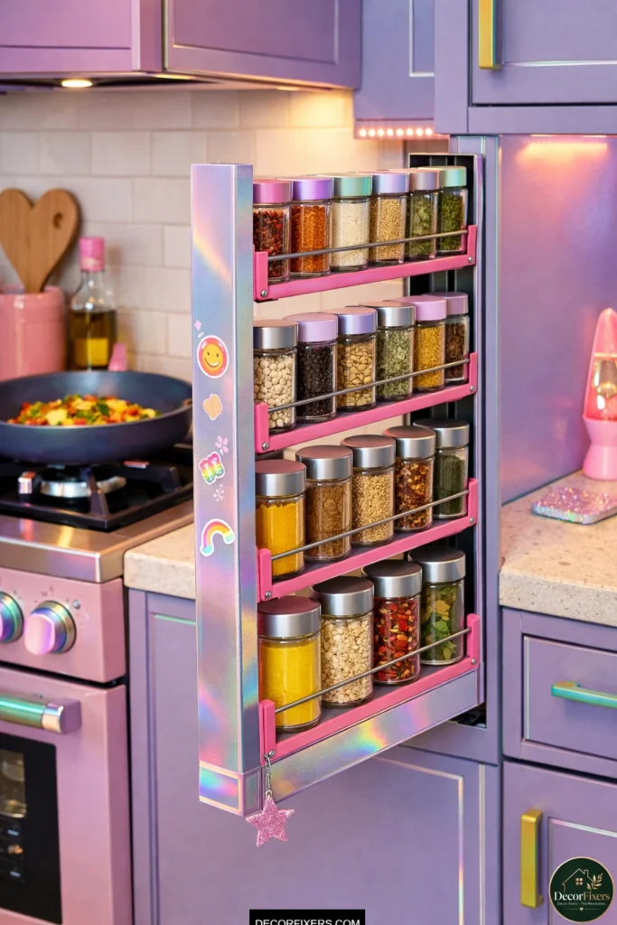 Pull-out spice drawer beside stove in a compact kitchen