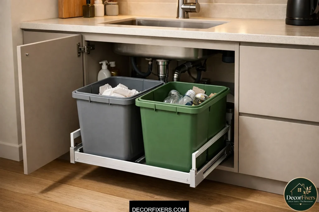 Pull-out trash and recycling cabinet hidden under a small kitchen sink