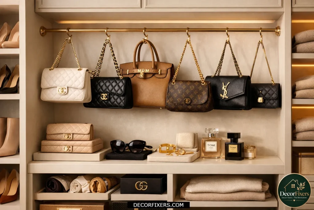 Handbags organized neatly using S-hooks inside bedroom closet.