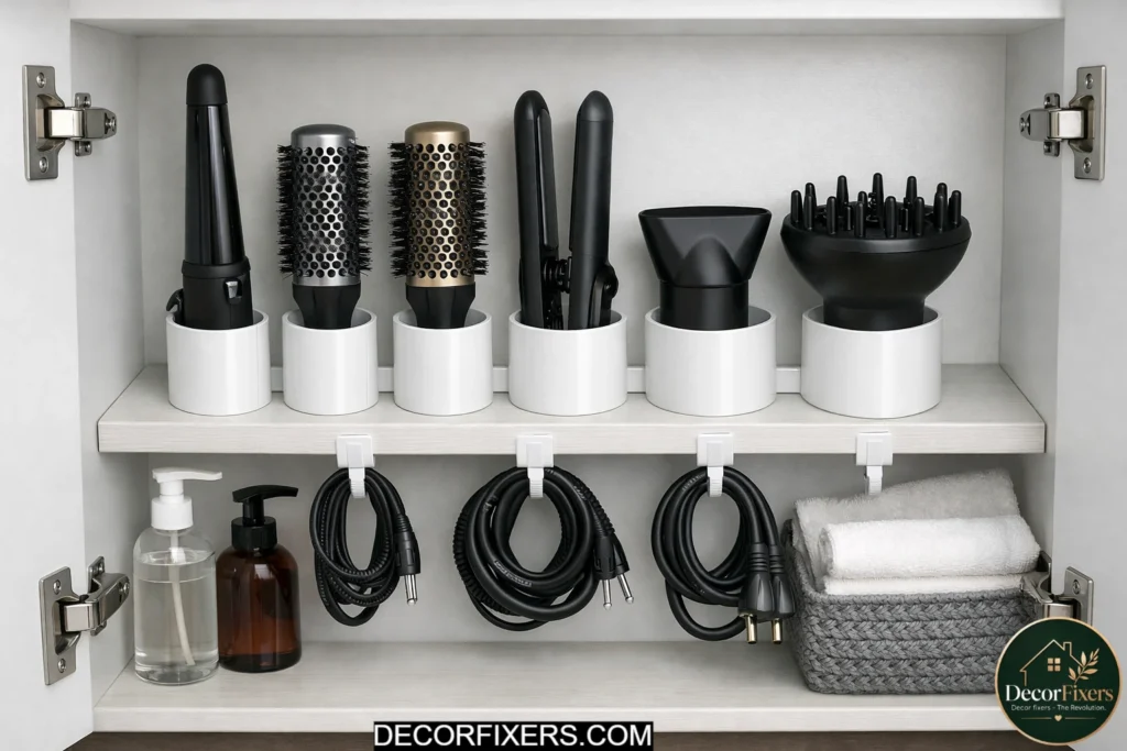 PVC pipe inserts organizing hair tools vertically in bathroom cabinet