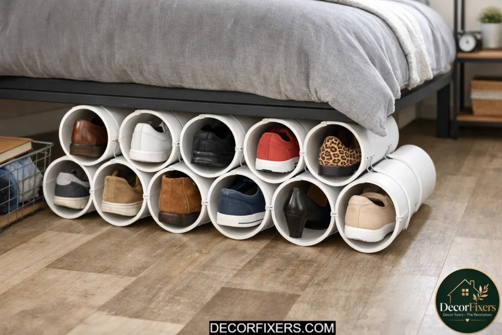 DIY PVC pipe shoe rack placed under a bed