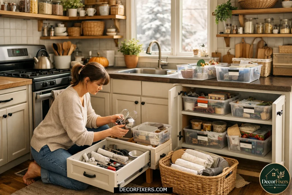 Seasonal kitchen organization system showing periodic decluttering and reset routine.