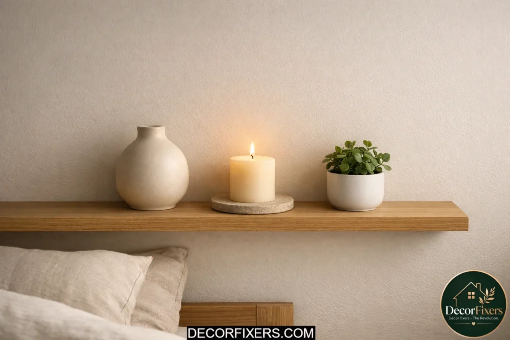 Scandinavian bedroom with a minimalist styled shelf and neutral decor objects.