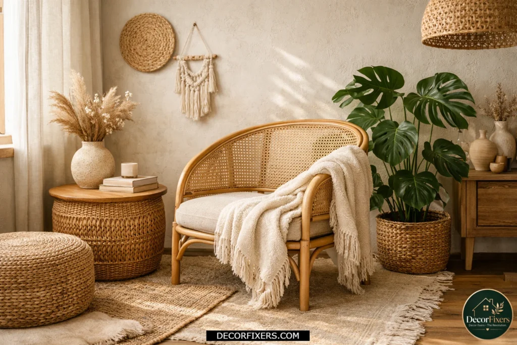 Cozy boho corner with rattan chair, monstera plant, and neutral decor