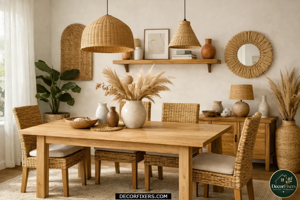 Small dining room with woven rattan chairs and warm natural textures.