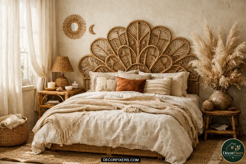 Bohemian bedroom with dramatic rattan headboard, bamboo side table, layered woven textures, pampas grass arrangement, and warm neutral decor under soft sunlight.