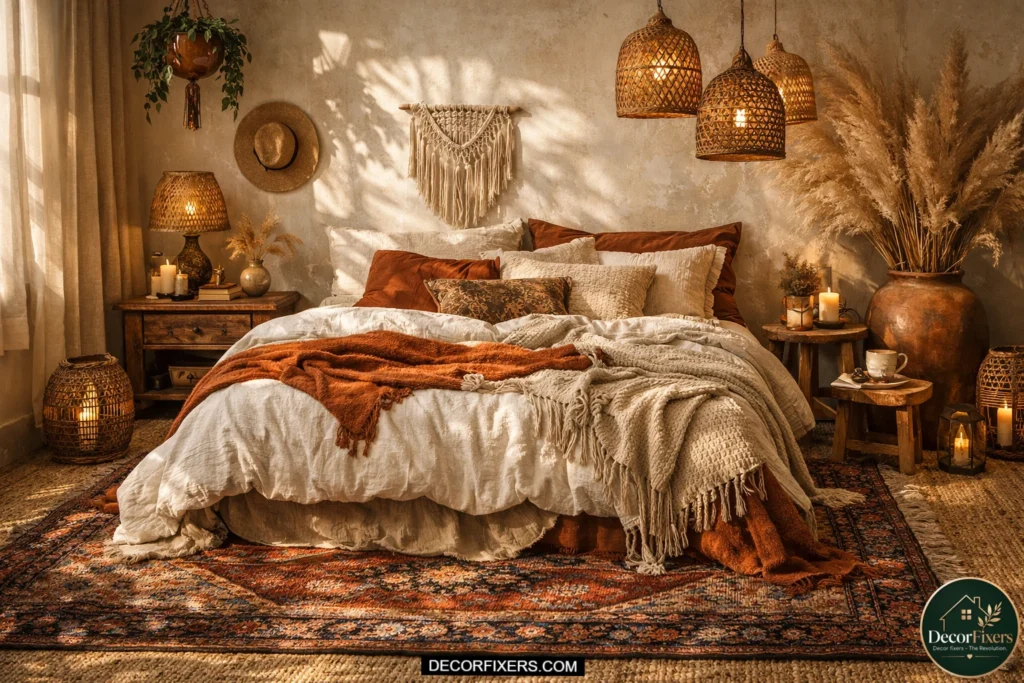Bohemian bedroom with Moroccan-inspired removable wallpaper feature wall, layered rugs, woven decor accents, and warm earthy color palette.