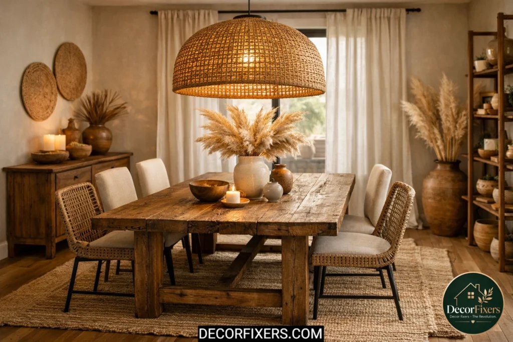 Boho dining room with woven rattan pendant light above wooden table