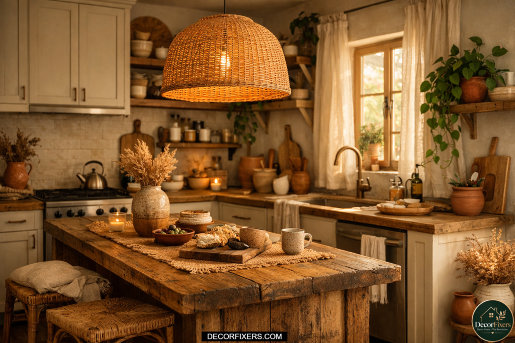 Woven rattan pendant light adding warm bohemian style to a small rental kitchen