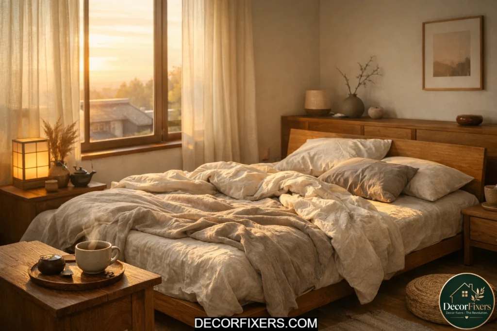 Authentic lived-in Japandi bedroom with warm morning light