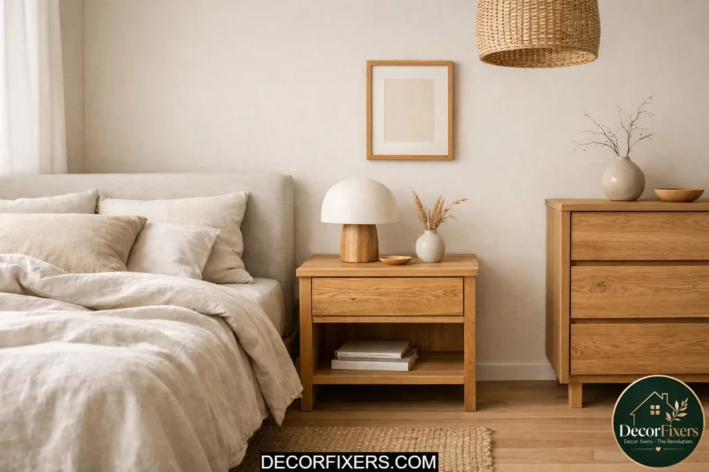 Scandinavian bedroom with natural oak furniture and warm earthy textures.