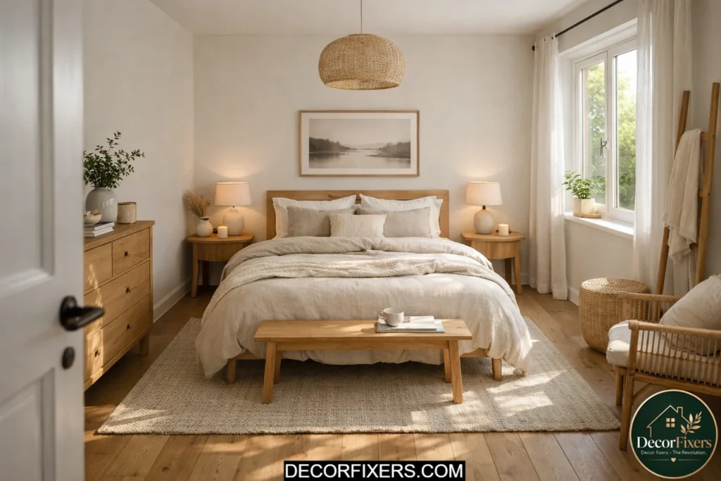 Rearranged bedroom furniture layout creating a cozy budget-friendly bedroom makeover