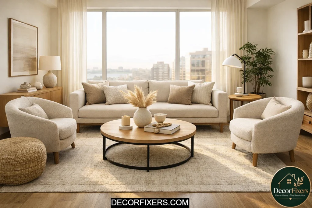 Floating sofa living room layout showing intentional furniture spacing for budget decor upgrade