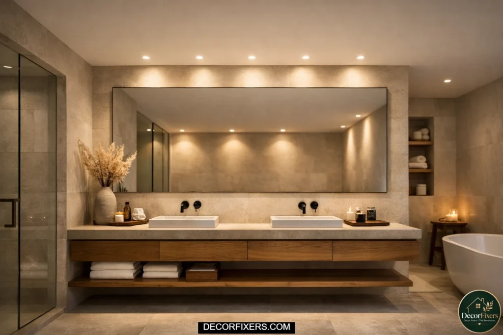 Modern bathroom with recessed downlights illuminating the vanity area.