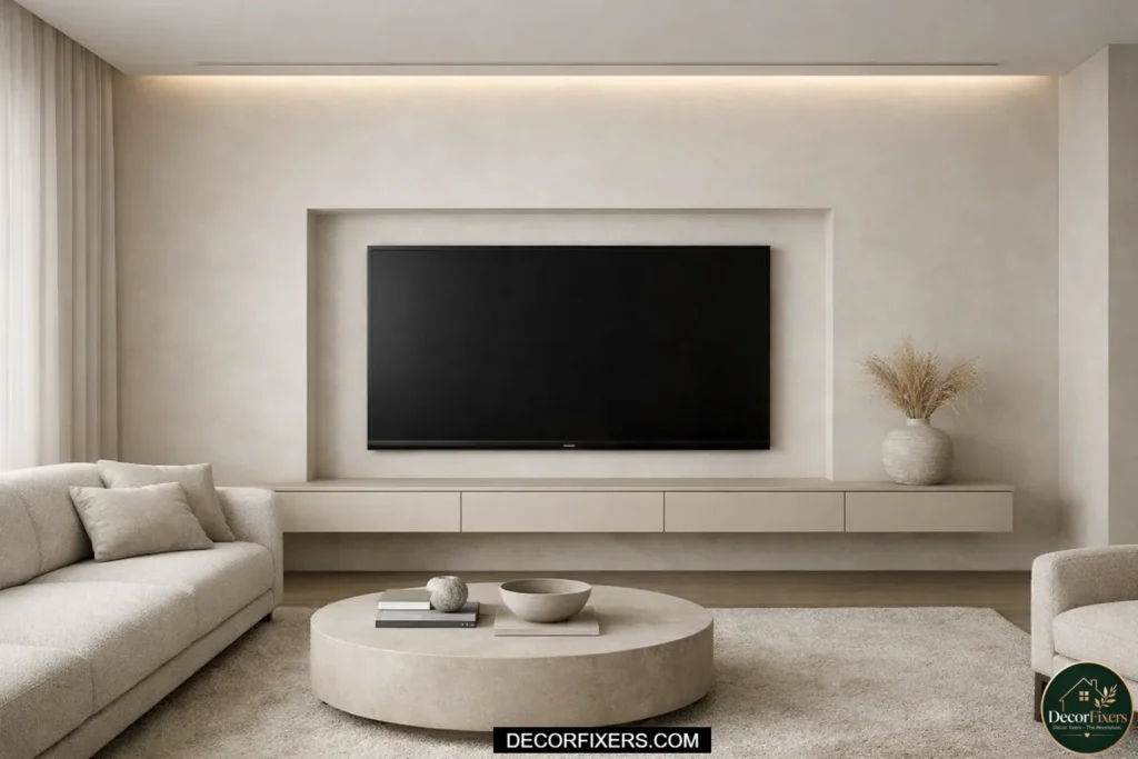A TV recessed into a flush wall niche with the screen face sitting level with the surrounding drywall surface for a seamless, mount-hardware-free architectural look