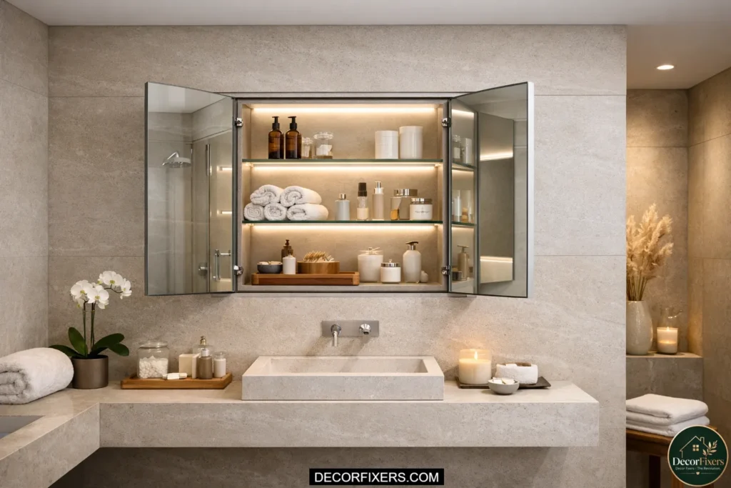 Recessed medicine cabinet mirror in a modern spa bathroom