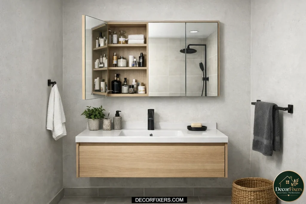 Recessed medicine cabinet adding hidden storage to a small bathroom