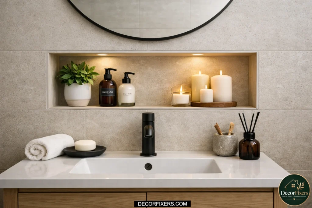 Built-in recessed niche shelving above a bathroom vanity