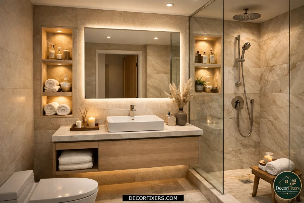 Small bathroom with recessed wall niches and integrated accent lighting beside the mirror.