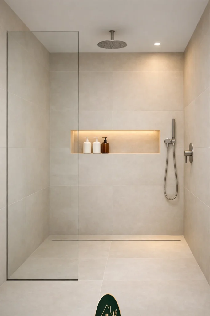 Recessed shower niche in a minimalist bathroom holding matching toiletry bottles neatly