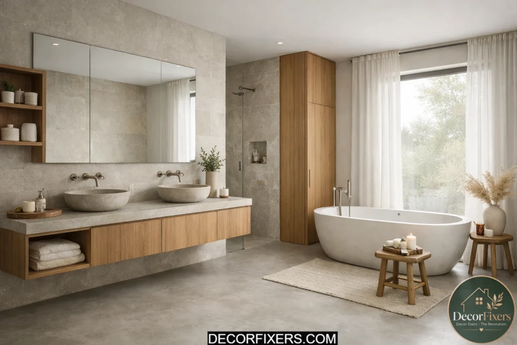 Scandinavian shower with recessed wall niche and minimalist tile design.