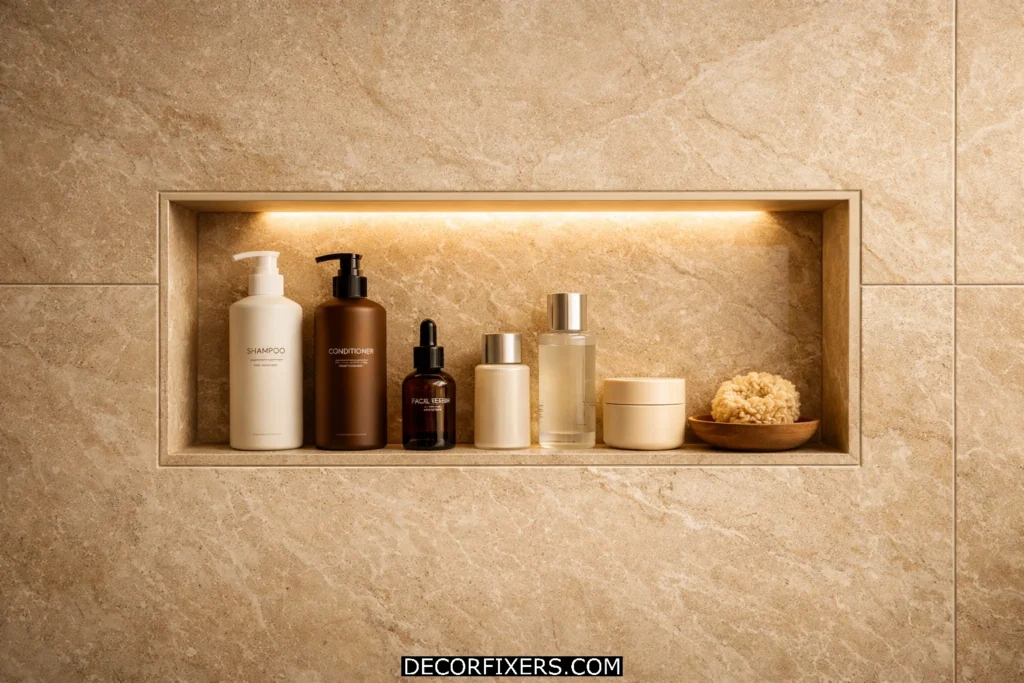 Recessed shower niche built into tiled bathroom wall with neatly arranged shampoo bottles and skincare