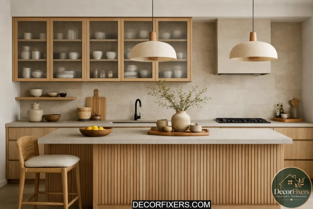 Japandi kitchen with fluted glass cabinets and textured wood detailing.